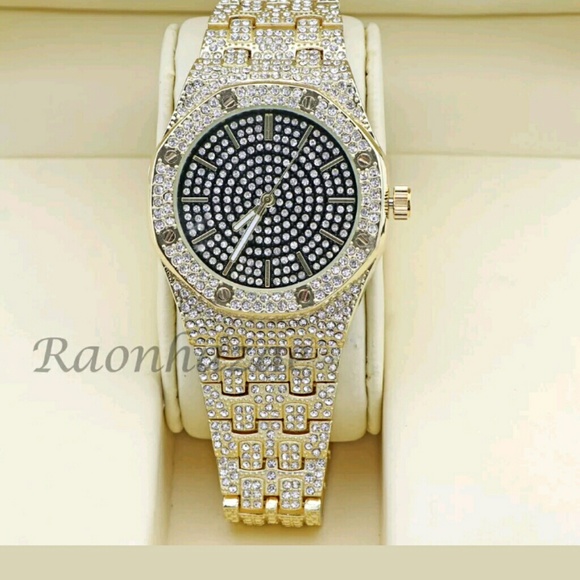 MEN ICED OUT 14K GOLD PT OCTAGON SHAPE WATCH CUBAN - Picture 5 of 5